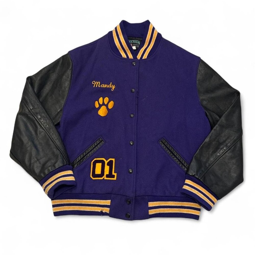 Vintage Nelson School Supply Varsity Jacket with Leather Sleeves